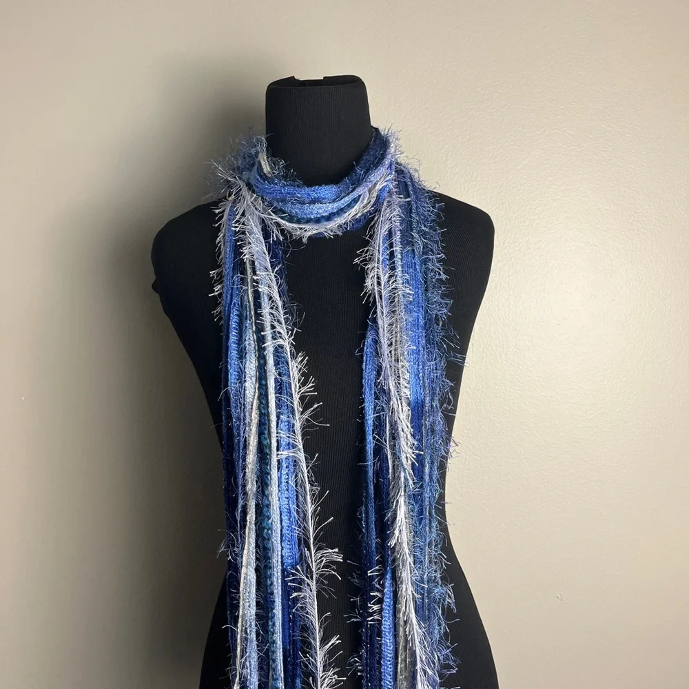 Blue and White Fringed Scarf - Picture 3 of 7